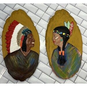 Vintage Ceramic Plaster Native American Indian Maiden / Chief deco Wall hangings